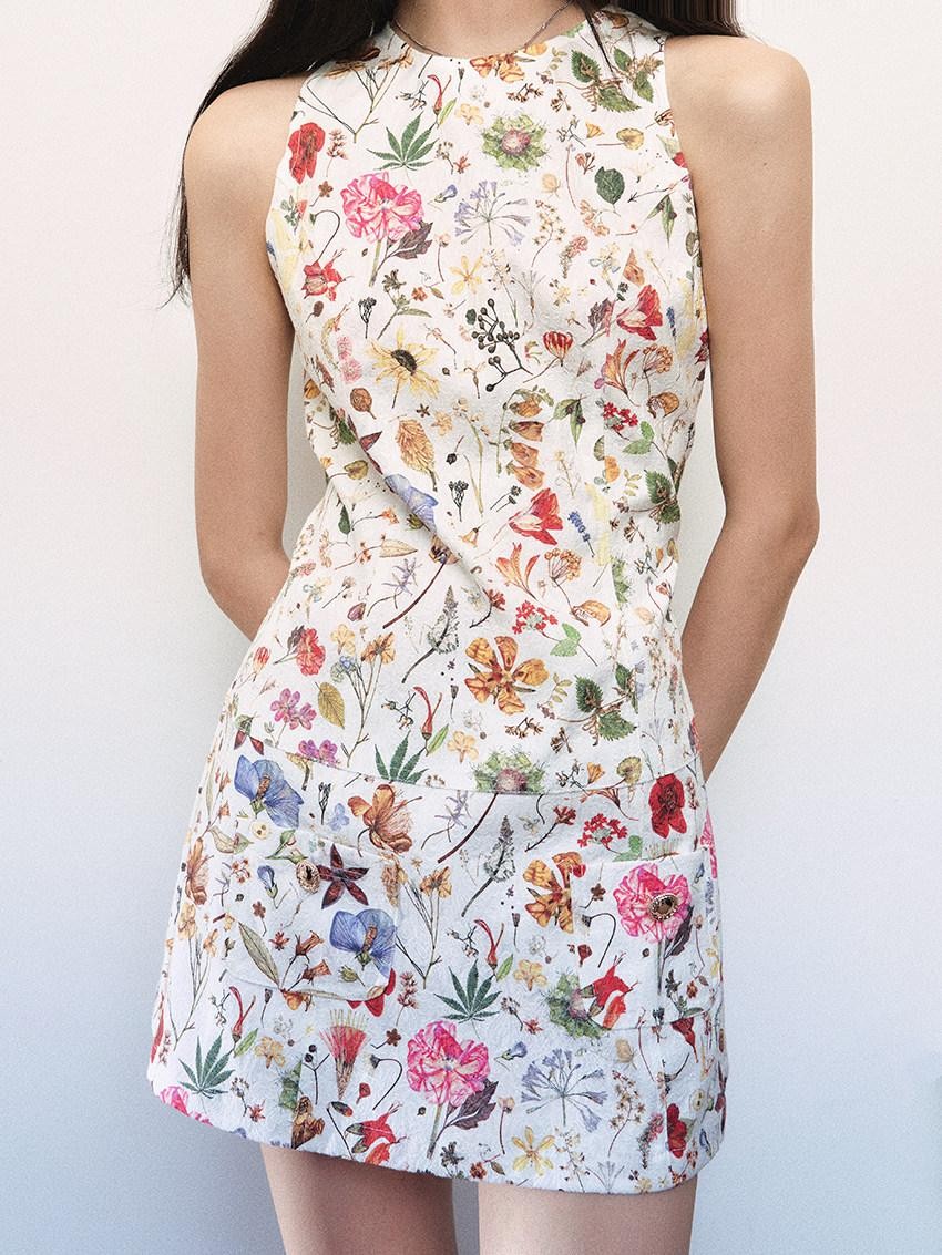 1P STUDIO Textured Floral Sleeveless A Line Waist Cinch Women&