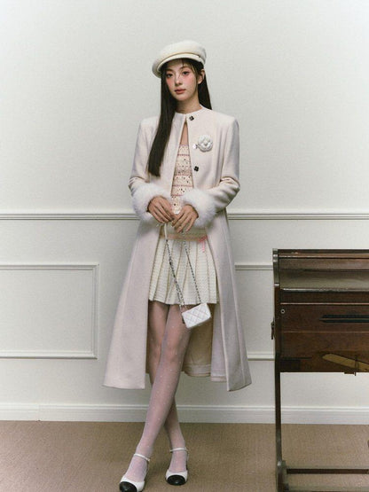 1P STUDIO Tweed Tie Waist Stand Collar Straight Cut Women&