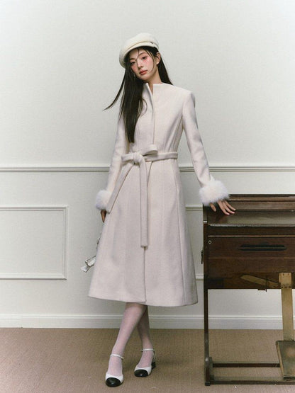 1P STUDIO Tweed Tie Waist Stand Collar Straight Cut Women&