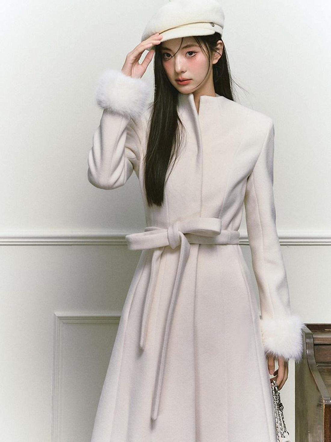 1P STUDIO Tweed Tie Waist Stand Collar Straight Cut Women&