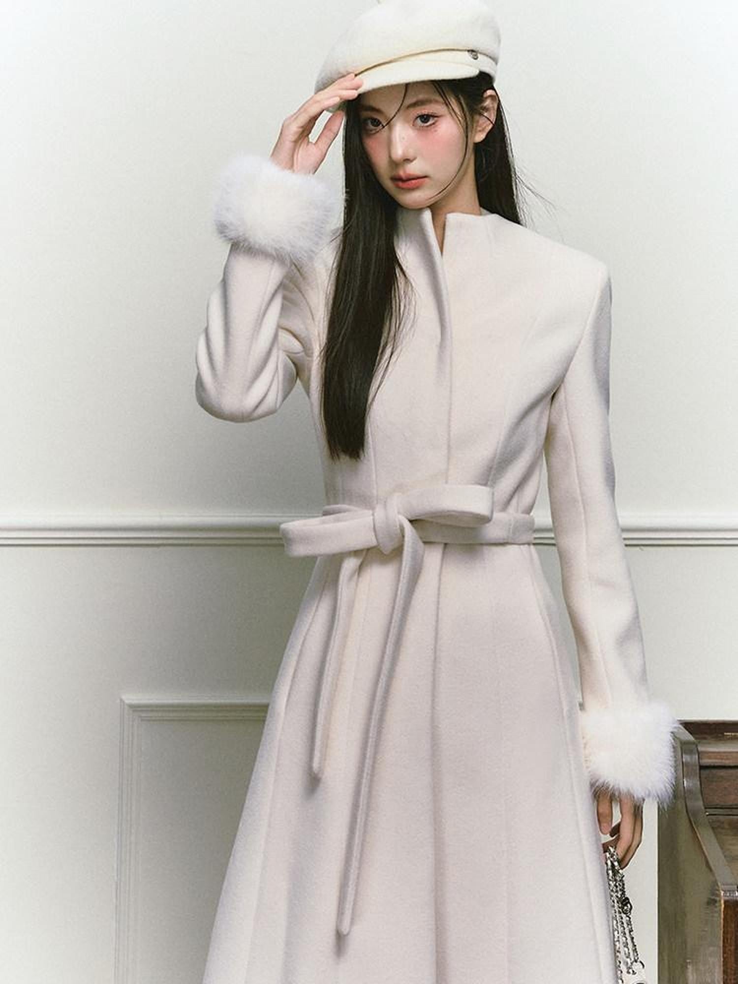 1P STUDIO Tweed Tie Waist Stand Collar Straight Cut Women&