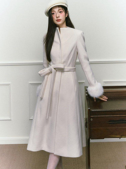 1P STUDIO Tweed Tie Waist Stand Collar Straight Cut Women&