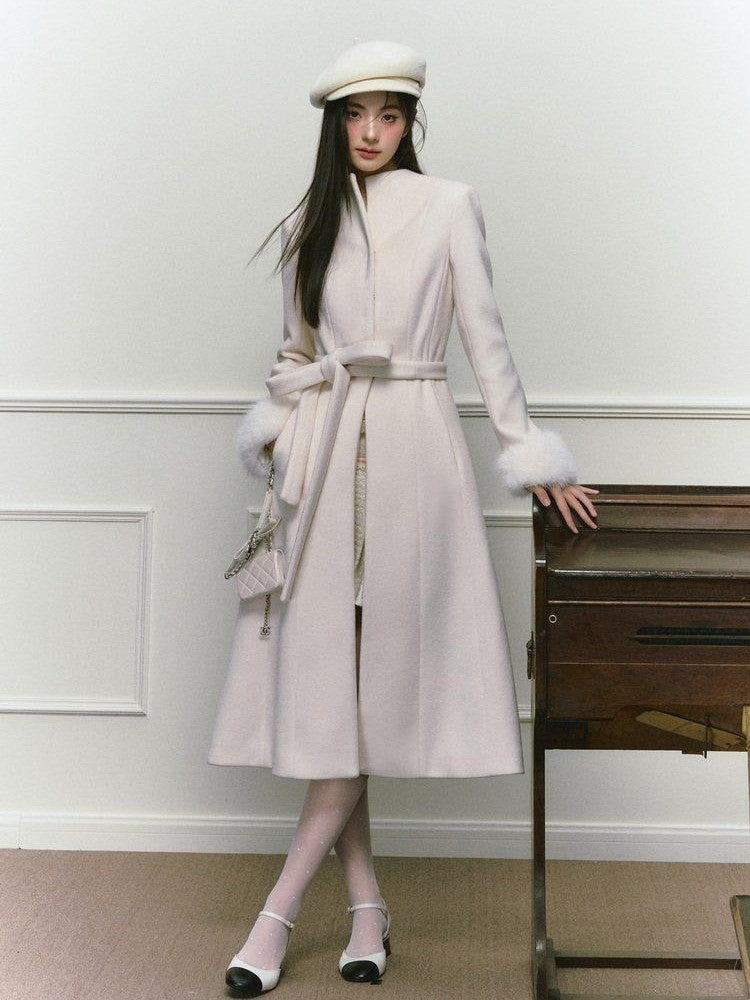1P STUDIO Tweed Tie Waist Stand Collar Straight Cut Women&
