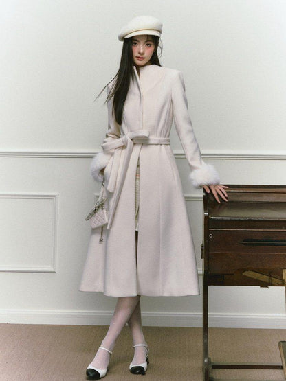 1P STUDIO Tweed Tie Waist Stand Collar Straight Cut Women&