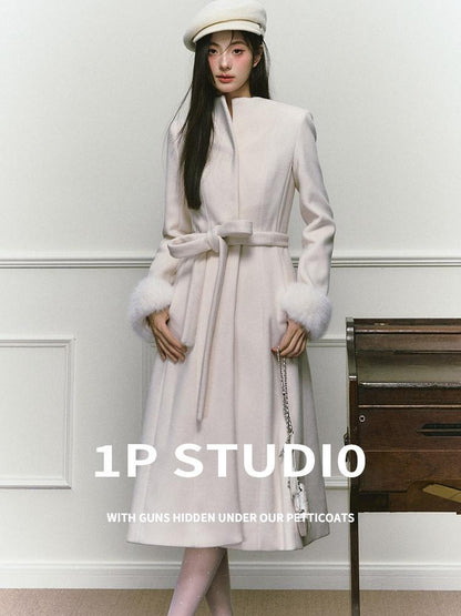 1P STUDIO Tweed Tie Waist Stand Collar Straight Cut Women&