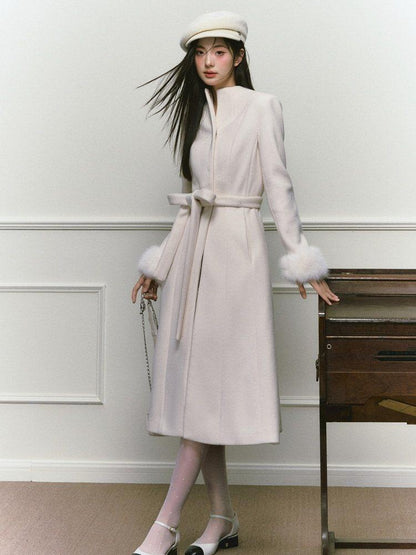 1P STUDIO Tweed Tie Waist Stand Collar Straight Cut Women&