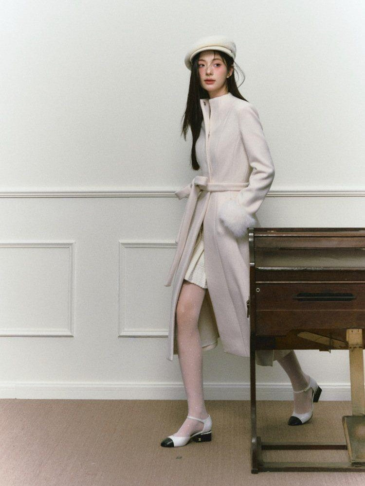 1P STUDIO Tweed Tie Waist Stand Collar Straight Cut Women&