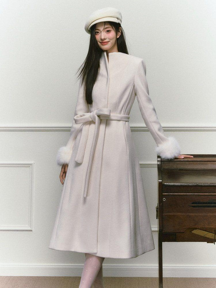1P STUDIO Tweed Tie Waist Stand Collar Straight Cut Women&