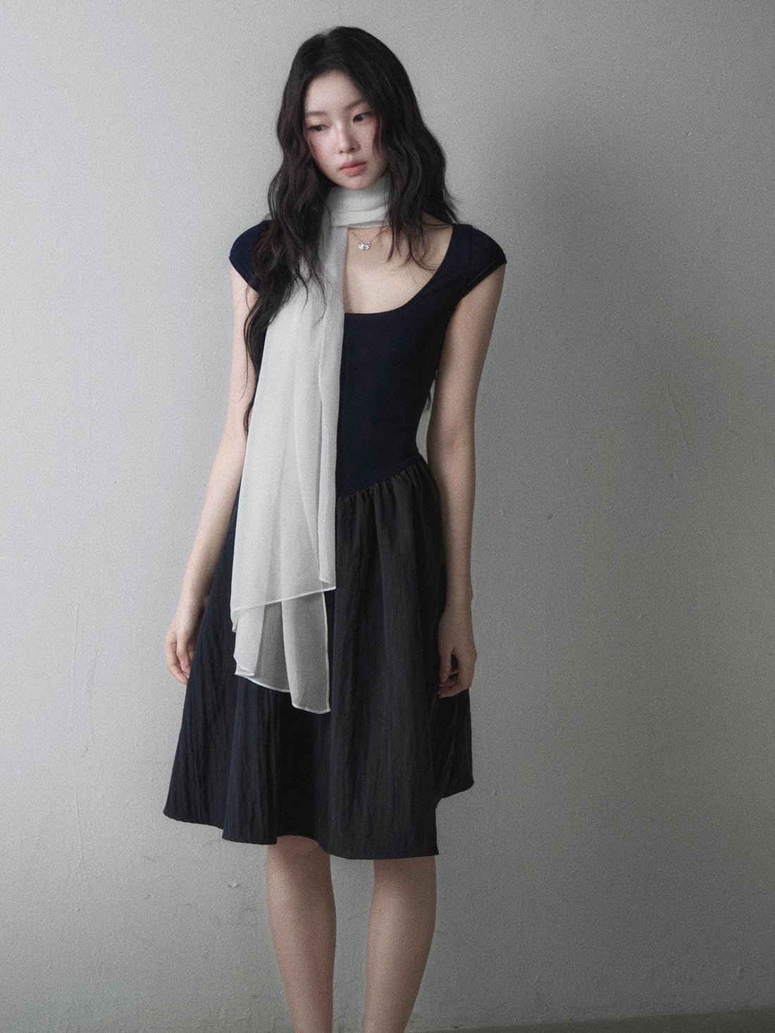 1P STUDIO U Neck Paneled Cinched Waist Short Sleeve Women&