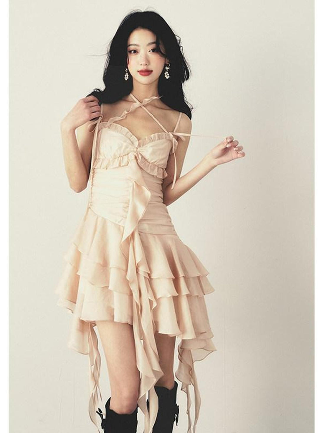 1P STUDIO V-neck Lace Trim Ruched Cross Tie High Waist Women&