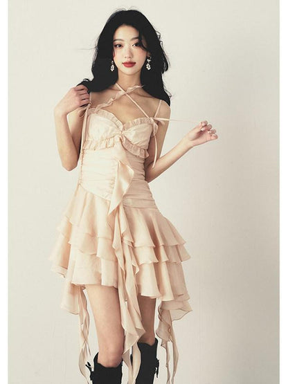 1P STUDIO V-neck Lace Trim Ruched Cross Tie High Waist Women&
