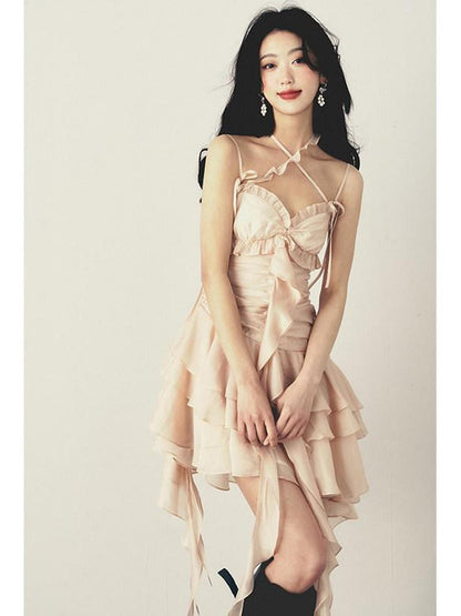 1P STUDIO V-neck Lace Trim Ruched Cross Tie High Waist Women&