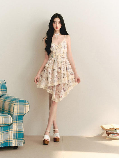 1P STUDIO Vintage Butterfly Lace Fitted Asymmetrical V-neck Women&