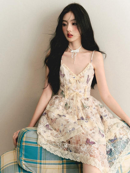 1P STUDIO Vintage Butterfly Lace Fitted Asymmetrical V-neck Women&