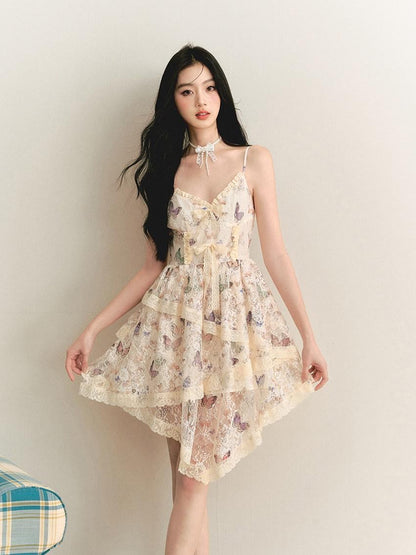 1P STUDIO Vintage Butterfly Lace Fitted Asymmetrical V-neck Women&