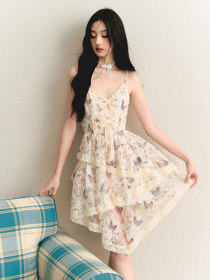 1P STUDIO Vintage Butterfly Lace Fitted Asymmetrical V-neck Women&