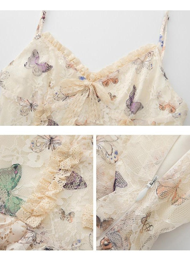 1P STUDIO Vintage Butterfly Lace Fitted Asymmetrical V-neck Women&
