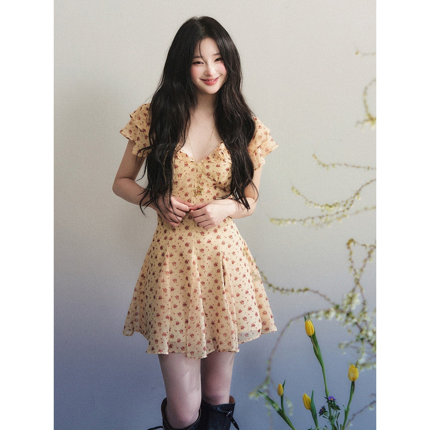 1P_STUDIO_Vintage_Floral_Ruffle_V-neck_Pleated_A_Line_Women&