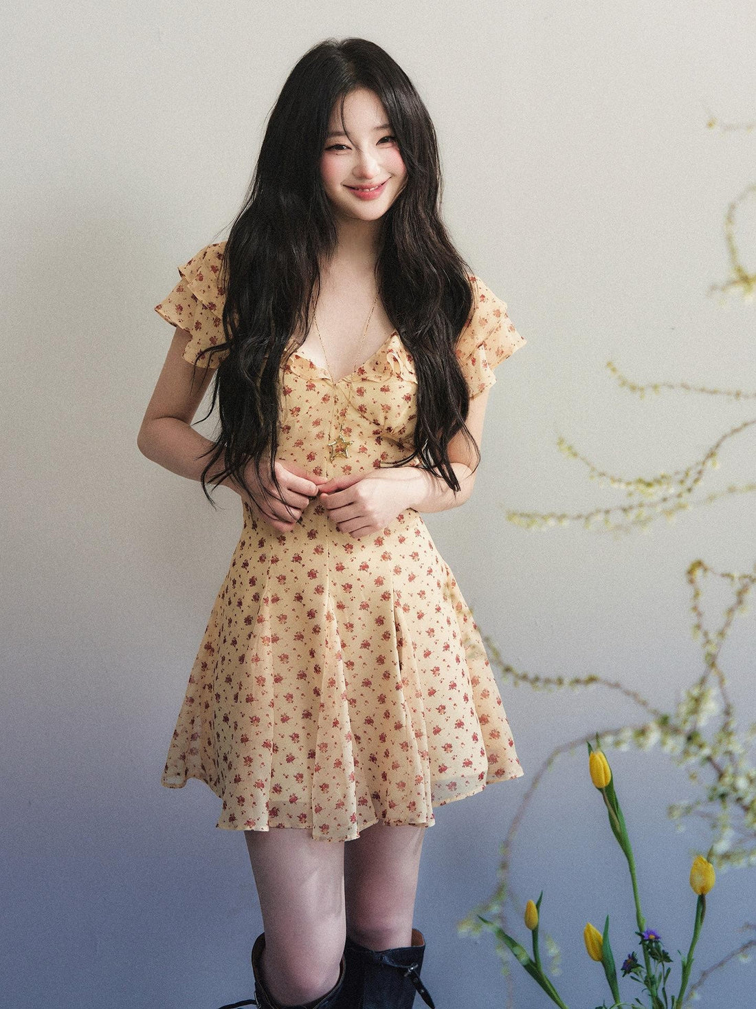 1P STUDIO Vintage Floral Ruffle V-neck Pleated A Line Women&