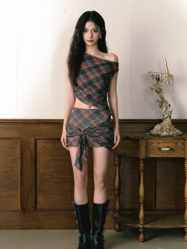1P STUDIO Vintage Red Blue Plaid One Shoulder Bodycon Mini Women&