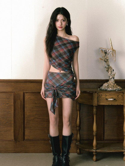 1P STUDIO Vintage Red Blue Plaid One Shoulder Bodycon Mini Women&