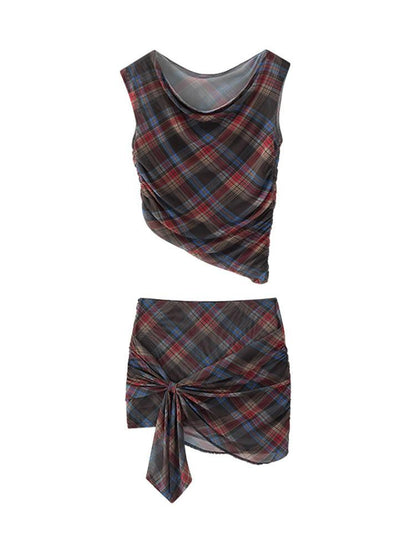 1P STUDIO Vintage Red Blue Plaid One Shoulder Bodycon Mini Women&