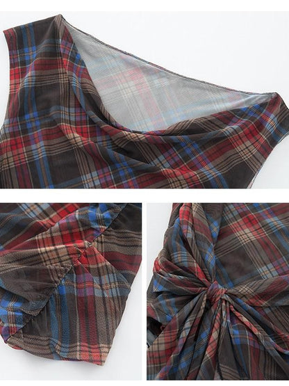 1P STUDIO Vintage Red Blue Plaid One Shoulder Bodycon Mini Women&
