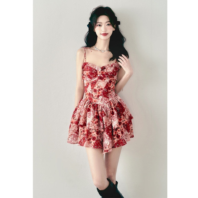 1P_STUDIO_Vintage_Red_Floral_Double_Layer_Hem_High_Waist_A_Line_Women&