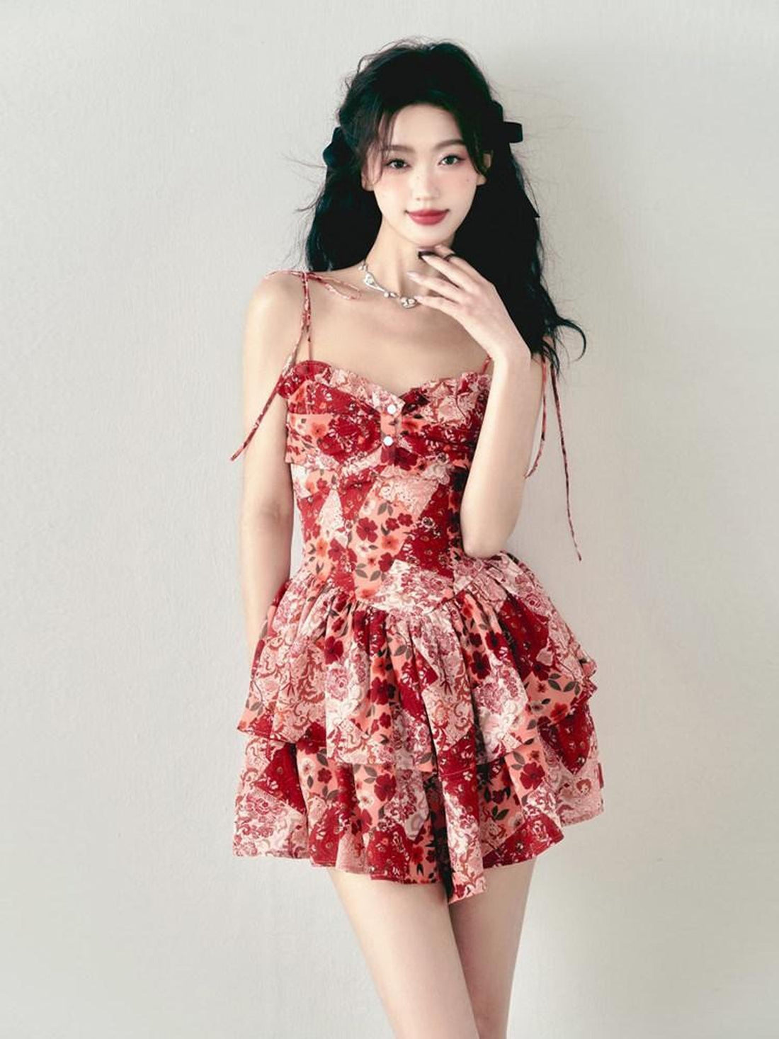 1P STUDIO Vintage Red Floral Double Layer Hem High Waist A Line Women&