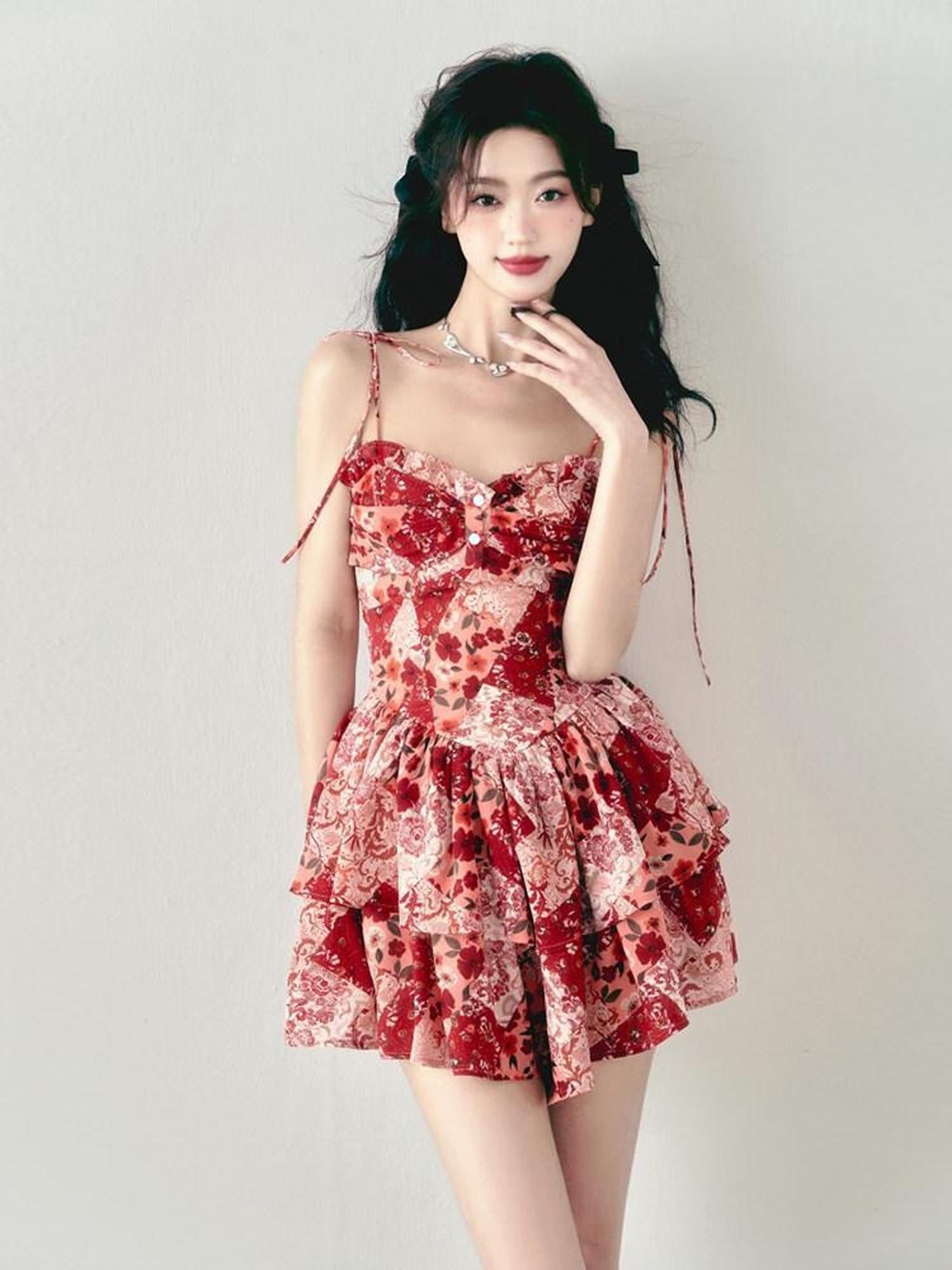 1P STUDIO Vintage Red Floral Double Layer Hem High Waist A Line Women&