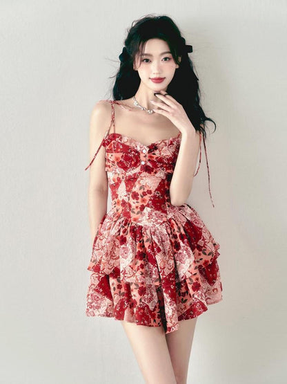 1P STUDIO Vintage Red Floral Double Layer Hem High Waist A Line Women&