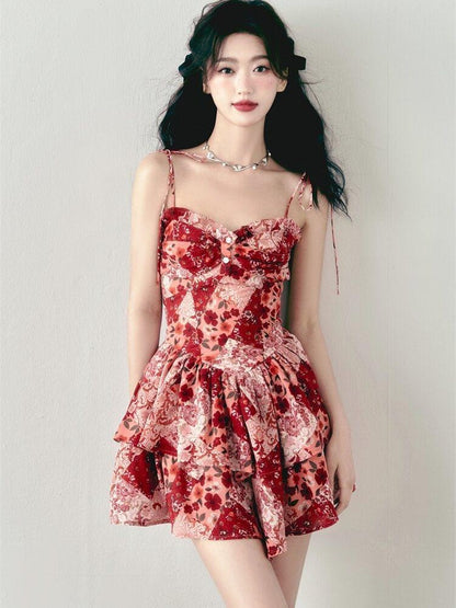1P STUDIO Vintage Red Floral Double Layer Hem High Waist A Line Women&