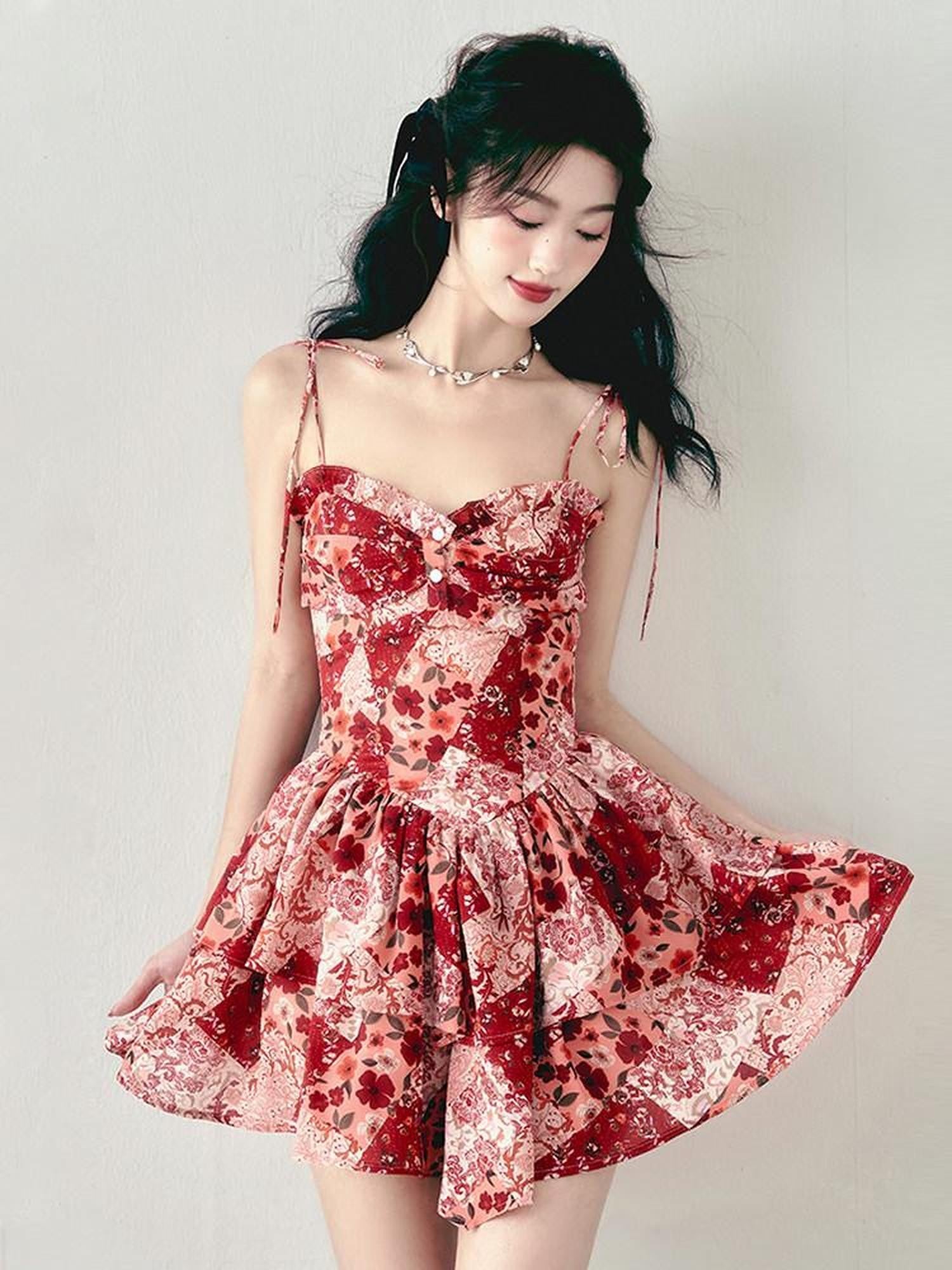 1P STUDIO Vintage Red Floral Double Layer Hem High Waist A Line Women&