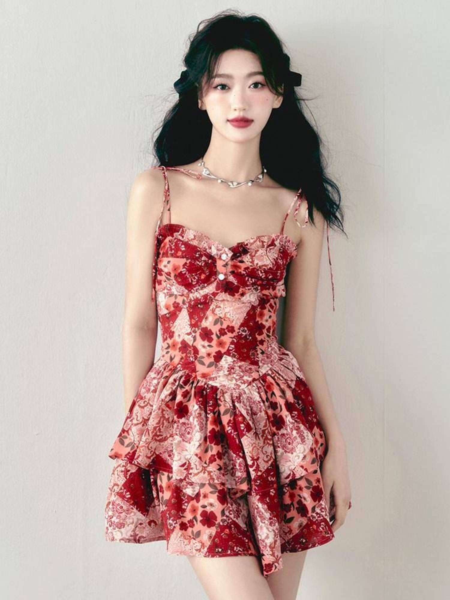 1P STUDIO Vintage Red Floral Double Layer Hem High Waist A Line Women&