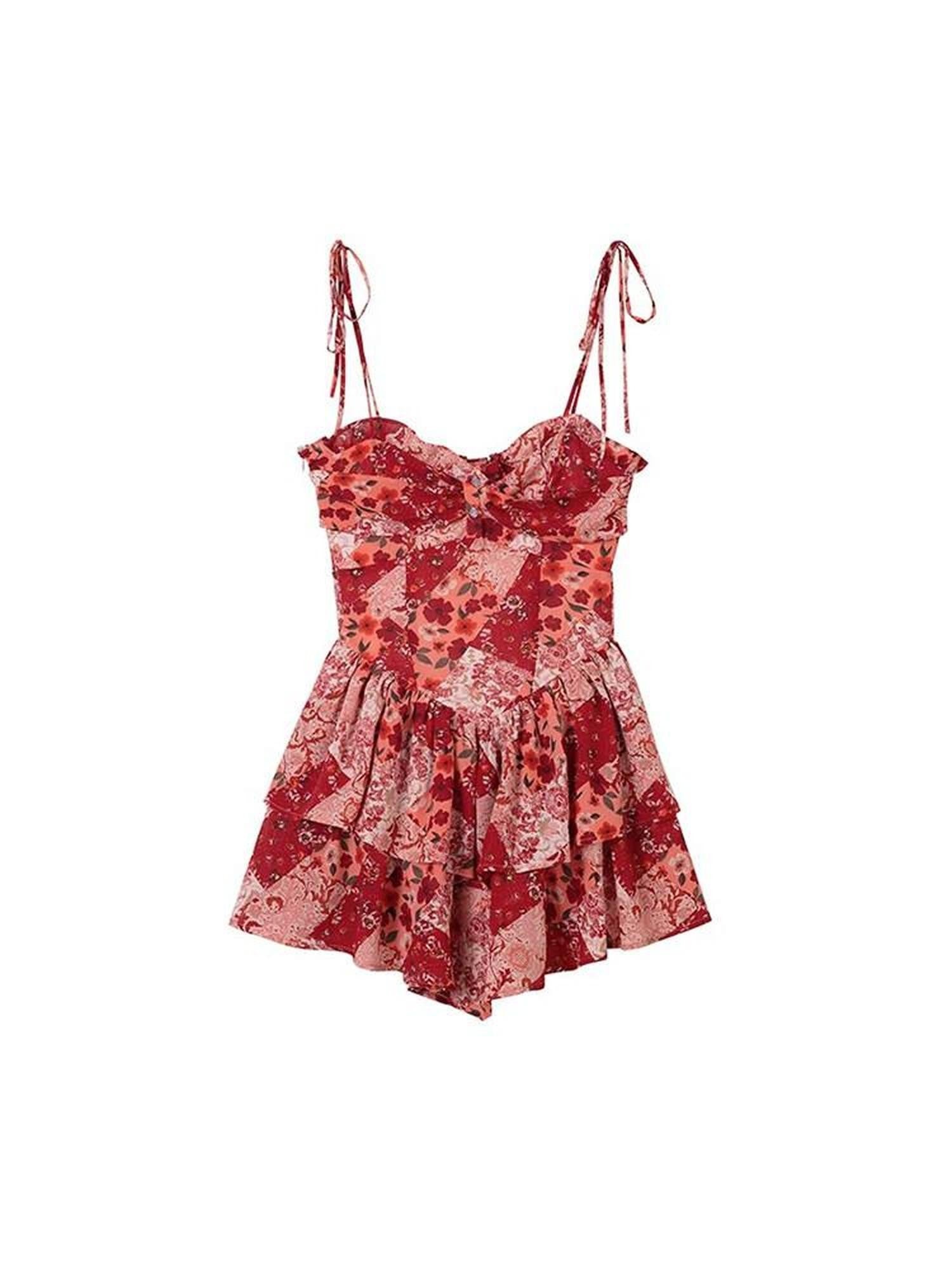 1P STUDIO Vintage Red Floral Double Layer Hem High Waist A Line Women&