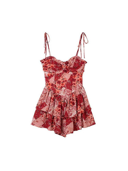 1P STUDIO Vintage Red Floral Double Layer Hem High Waist A Line Women&