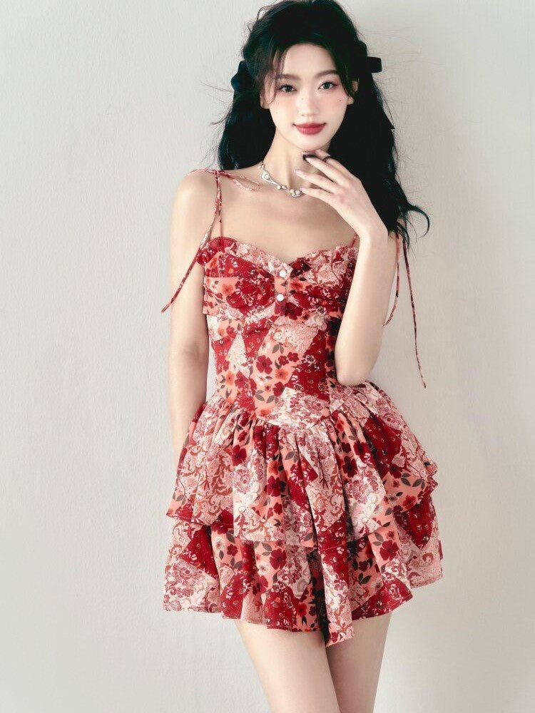 1P STUDIO Vintage Red Floral Double Layer Hem High Waist A Line Women&