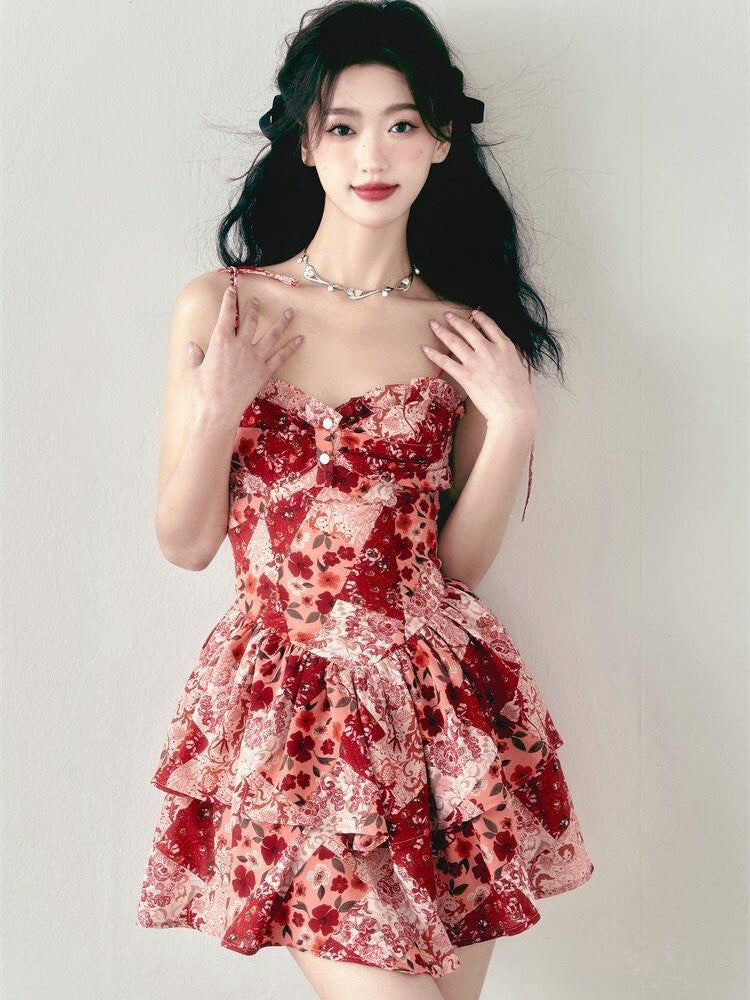 1P STUDIO Vintage Red Floral Double Layer Hem High Waist A Line Women&