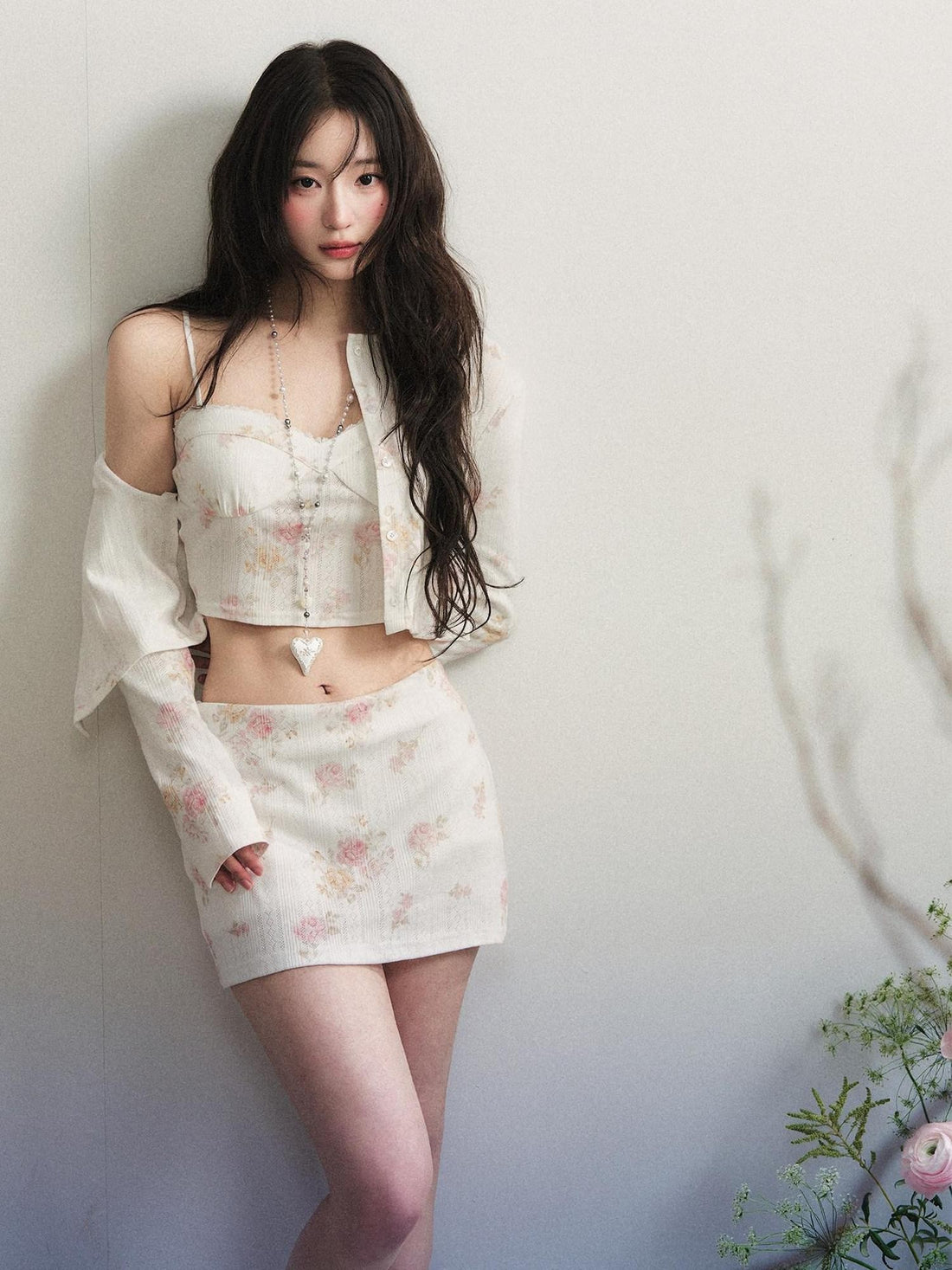 1P STUDIO Vintage Rose Floral Knit Cardigan Low Waist Bodycon Women&