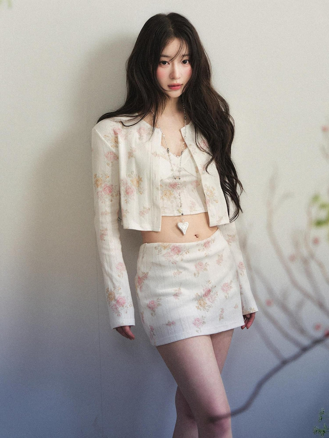 1P STUDIO Vintage Rose Floral Knit Cardigan Low Waist Bodycon Women&