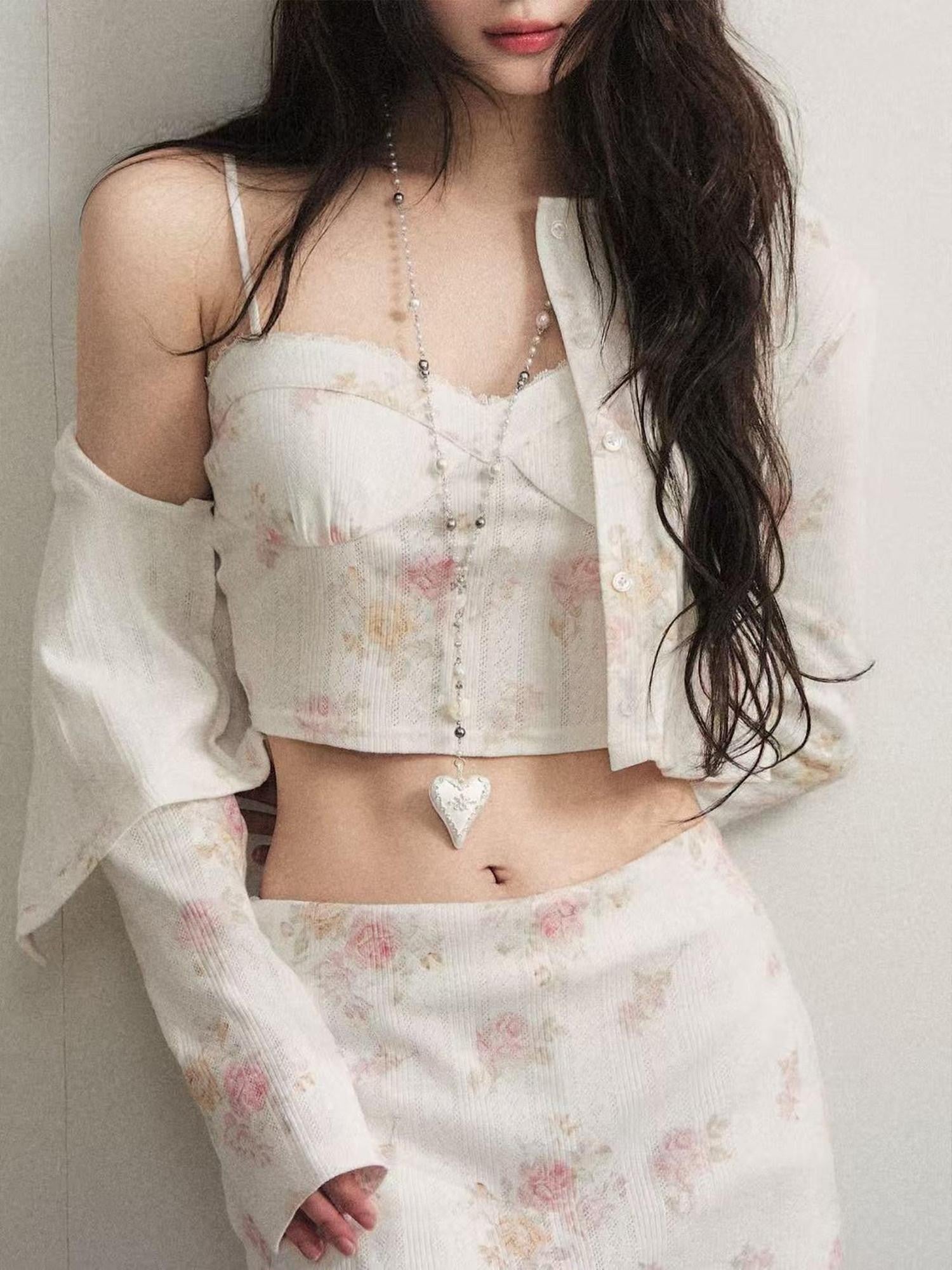 1P STUDIO Vintage Rose Floral Knit Cardigan Low Waist Bodycon Women&