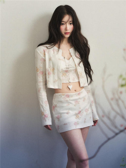 1P STUDIO Vintage Rose Floral Knit Cardigan Low Waist Bodycon Women&