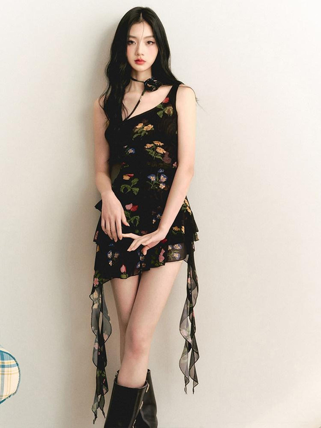 1P STUDIO Vintage Rose Print Asymmetric Shoulder Ruched Waist Women&