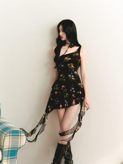 1P STUDIO Vintage Rose Print Asymmetric Shoulder Ruched Waist Women&