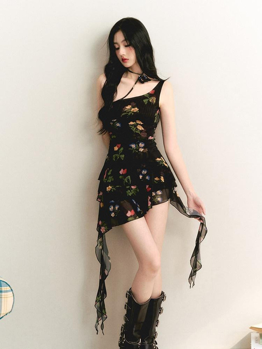 1P STUDIO Vintage Rose Print Asymmetric Shoulder Ruched Waist Women&