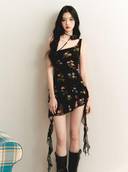1P STUDIO Vintage Rose Print Asymmetric Shoulder Ruched Waist Women&