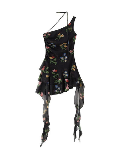 1P STUDIO Vintage Rose Print Asymmetric Shoulder Ruched Waist Women&