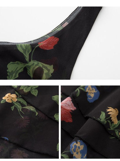 1P STUDIO Vintage Rose Print Asymmetric Shoulder Ruched Waist Women&