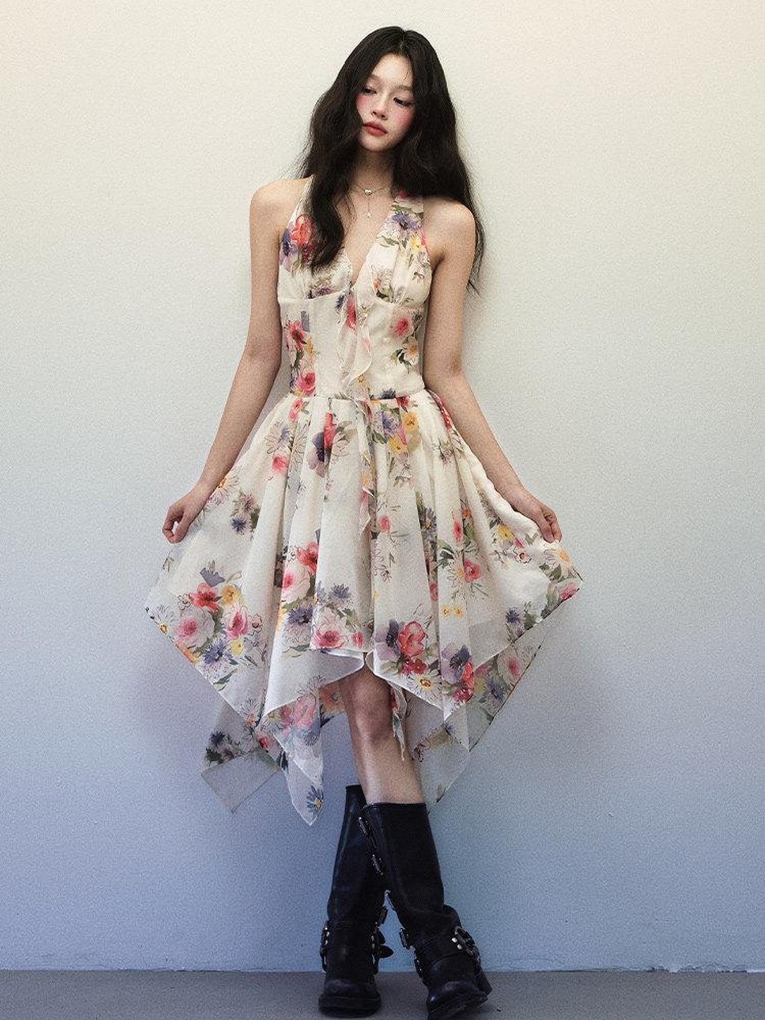 1P STUDIO Watercolor Floral Print Asymmetric V-neck Women&