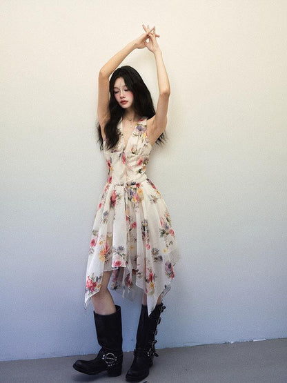 1P STUDIO Watercolor Floral Print Asymmetric V-neck Women&
